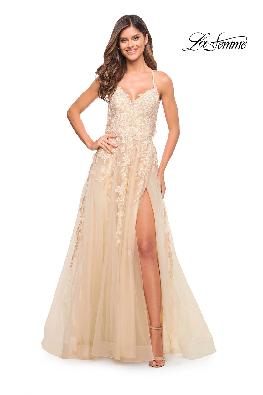 Picture of: Gorgeous Lace and Tulle Ball Gown with High Slit in Champagne, Style: 30591, Detail Picture 1
