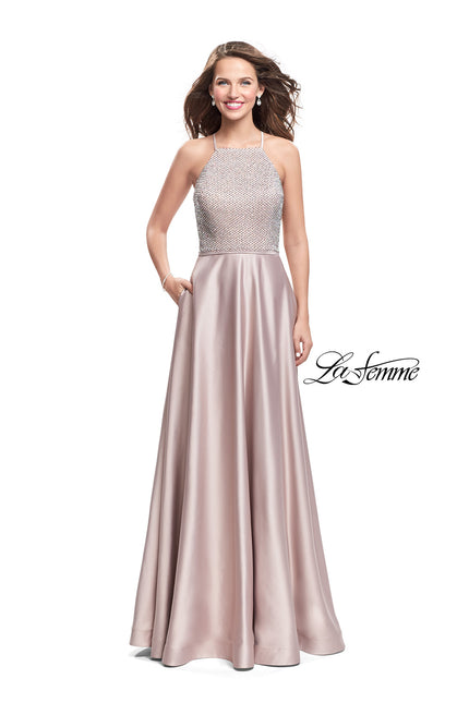 Picture of: Satin A-line Ball Gown Featuring Beading and a High Neck in Champagne, Style: 25601, Detail Picture 2