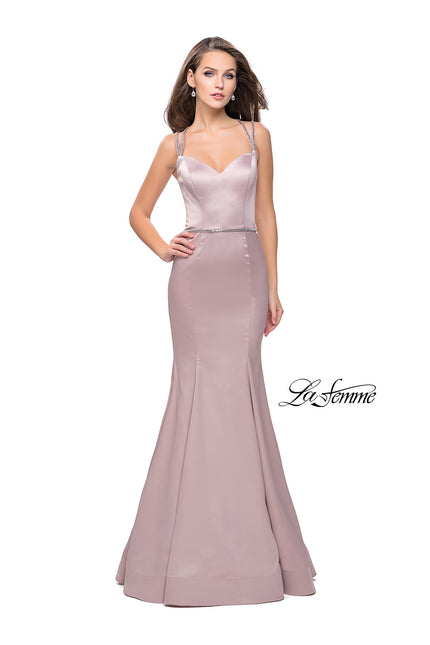 Picture of: Satin Mermaid Prom Dress with Beading and Open Back in Champagne, Style: 25711, Detail Picture 2
