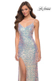 Picture of: Iridescent Long Sequin Dress with V Neckline in Champagne, Style 29936, Detail Picture 2