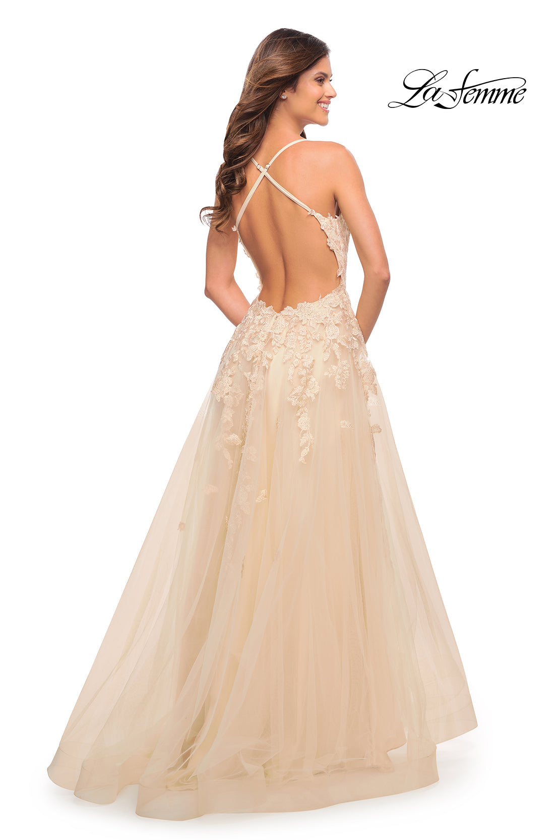 Picture of: Gorgeous Lace and Tulle Ball Gown with High Slit in Champagne, Style: 30591, Detail Picture 2