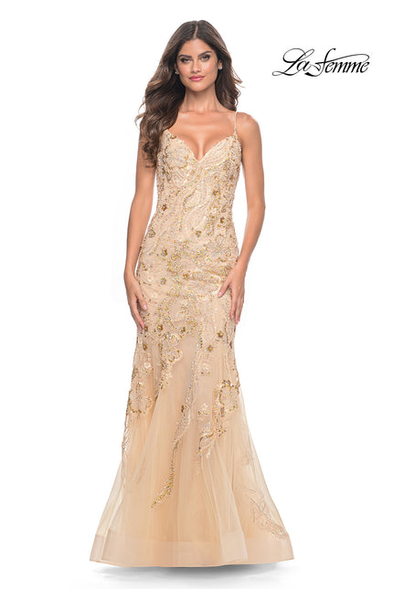 Picture of: Mermaid Sequin and Beaded Embellished Prom Dress in Pastels in Champagne, Style: 32333, Detail Picture 2