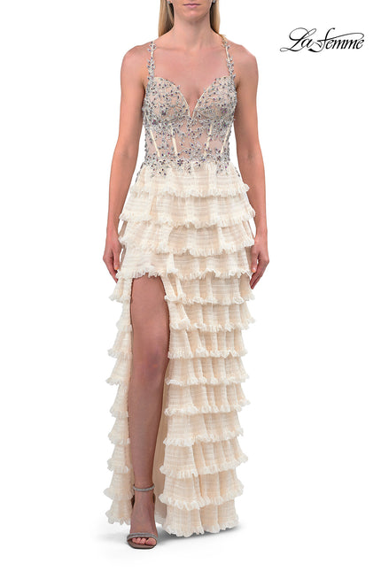 Picture of: Rhinestone Corset Ruffle Tier Gown with High Slit and Open Back in Champagne, Style: 33751, Detail Picture 2