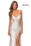 Picture of: Metallic Prom Dress with Ruching and Lace Up Back in Champagne, Style: 28449, Detail Picture 3