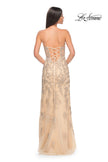 Picture of: Embroidered Lace Fitted Prom Dress with Lace Edge Slit in Champagne, Style: 32013, Detail Picture 3