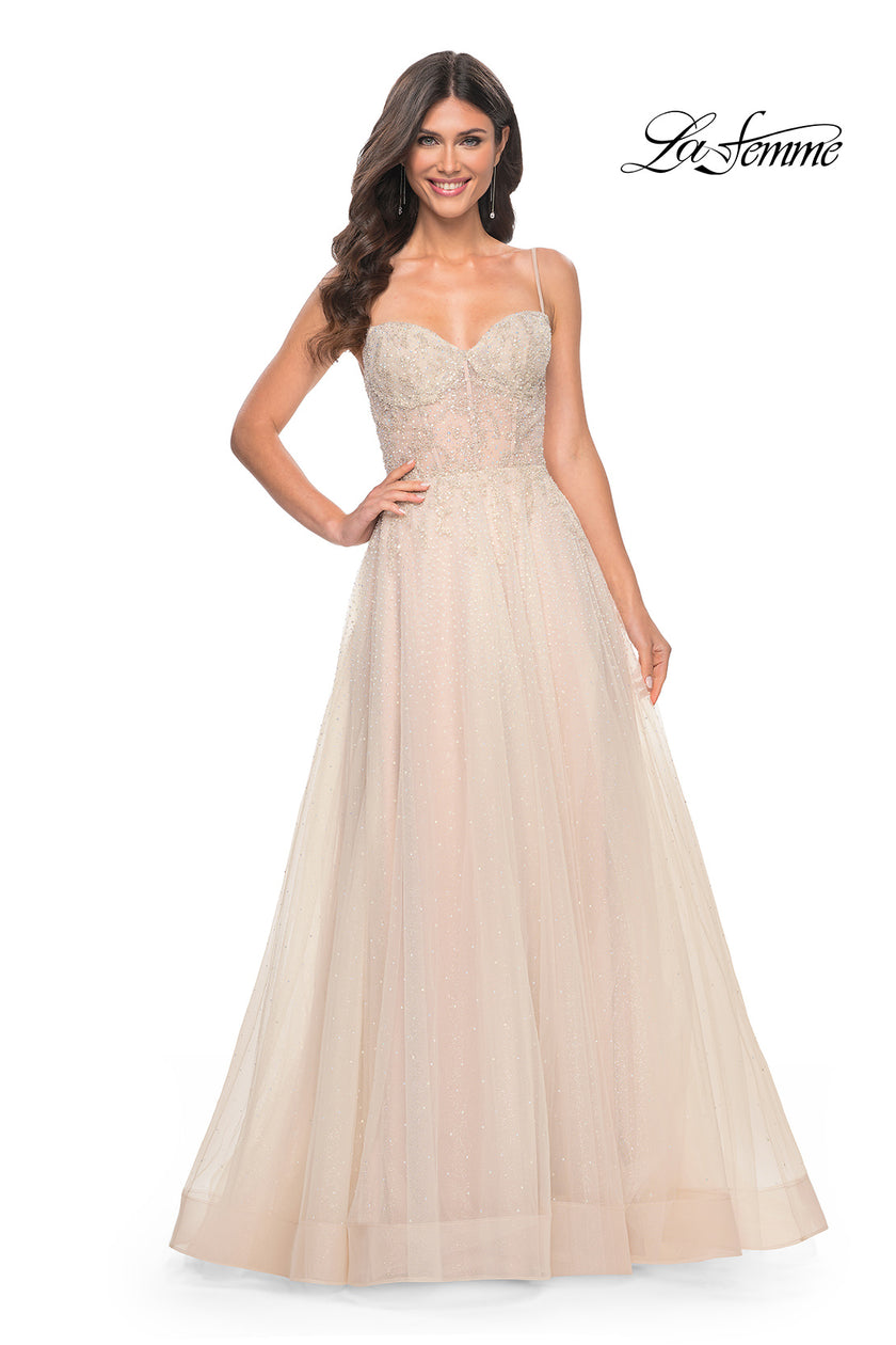 Picture of: A-Line Rhinestone and Lace Embellished Prom Dress in Nude, Style: 32271, Detail Picture 3