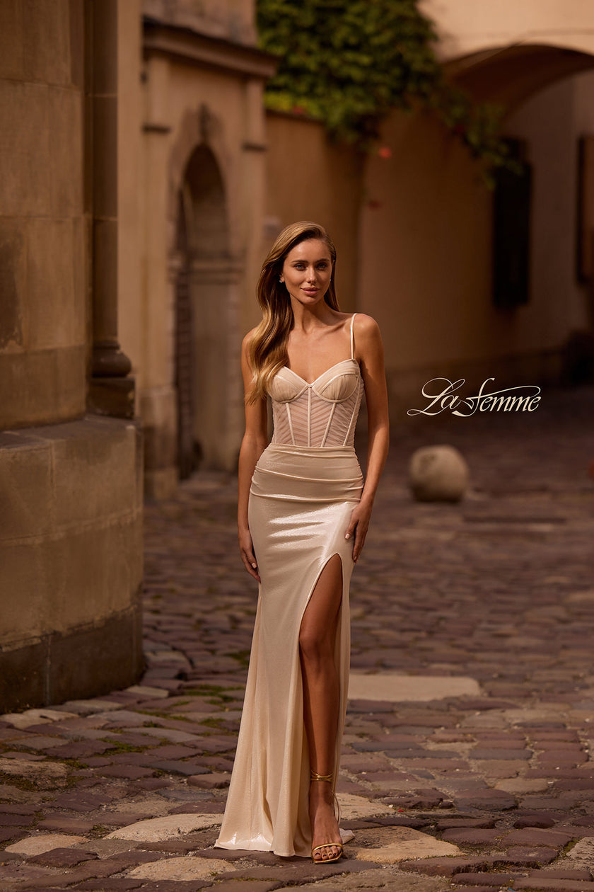 Picture of: Stunning Metallic Pastel Prom Dress with Intricate Ruched Corset Top in Champagne , Style: 32951, Detail Picture 3