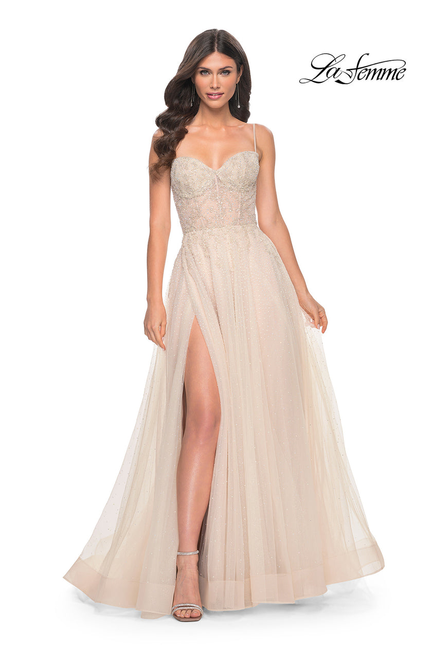 Picture of: A-Line Rhinestone and Lace Embellished Prom Dress in Nude, Style: 32271, Detail Picture 4