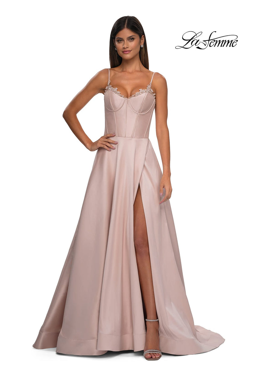 Picture of: Mikado A-line Gown with Lace Detail Neckline in Champagne, Style: 32878, Detail Picture 5