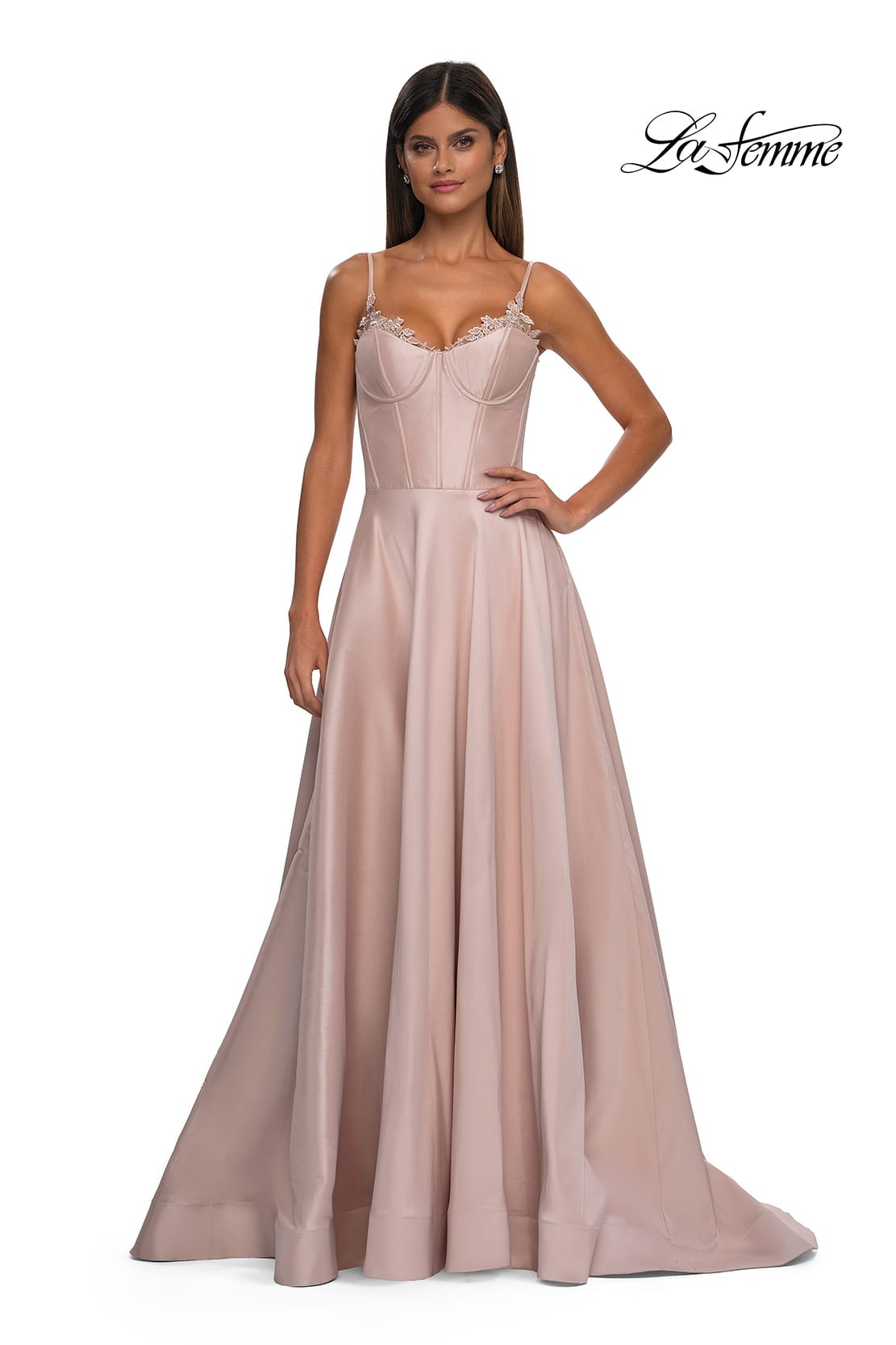 Picture of: Mikado A-line Gown with Lace Detail Neckline in Champagne, Style: 32878, Detail Picture 7