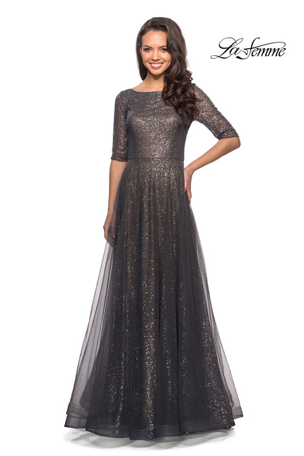 Picture of: Fully Sequined Floor Length Gown with Pockets in Charcoal, Style: 27016, Detail Picture 1