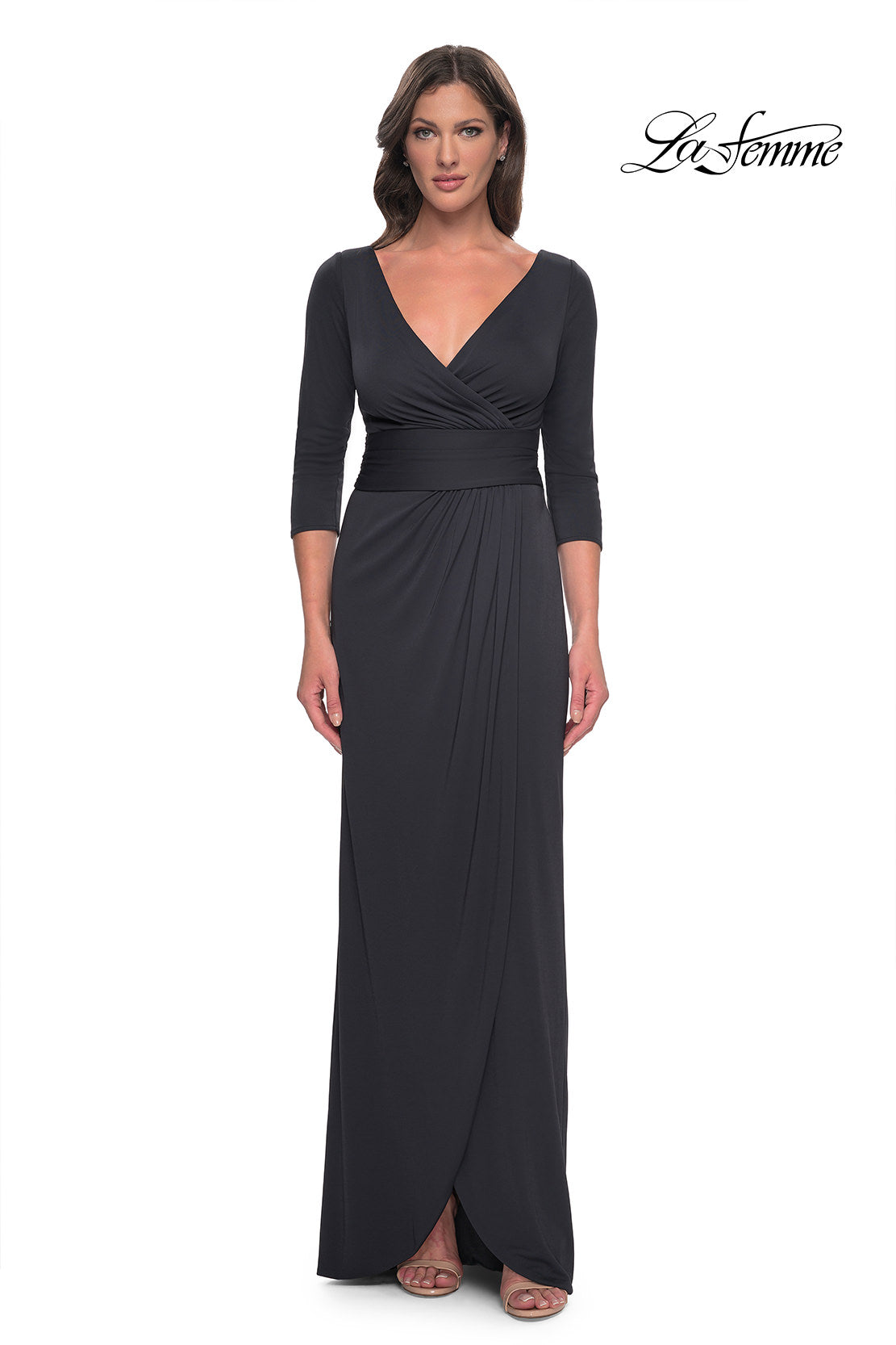 Picture of: Simple Chic Jersey Dress with Ruched Waist and V Neckline in Charcoal, Style: 31014, Detail Picture 1