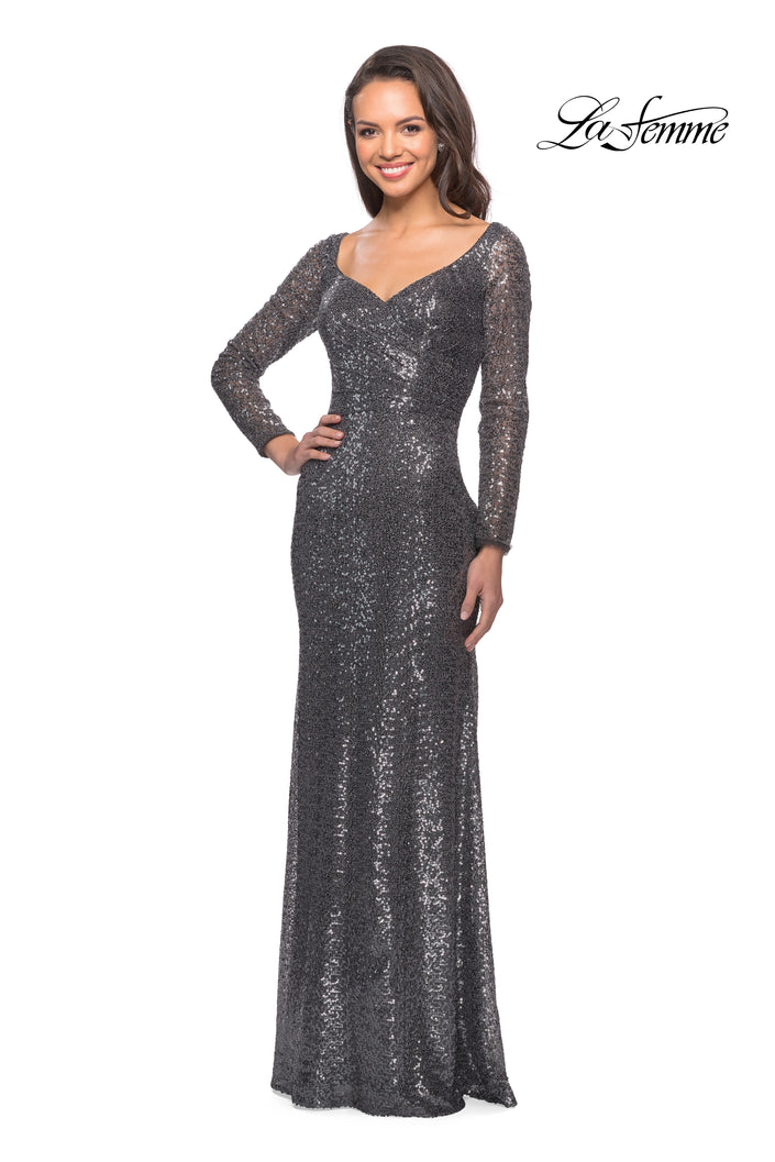 Picture of: Long Sleeve Sequined Gown with Soft V-Neckline in Charcoal, Style: 25331, Detail Picture 2