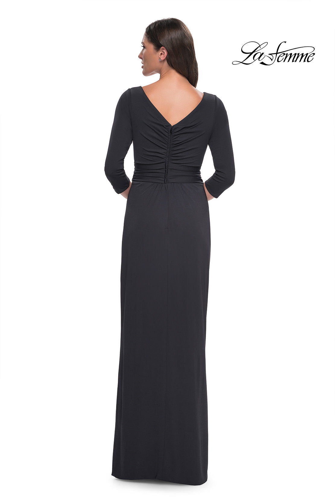 Picture of: Simple Chic Jersey Dress with Ruched Waist and V Neckline in Charcoal, Style: 31014, Detail Picture 2