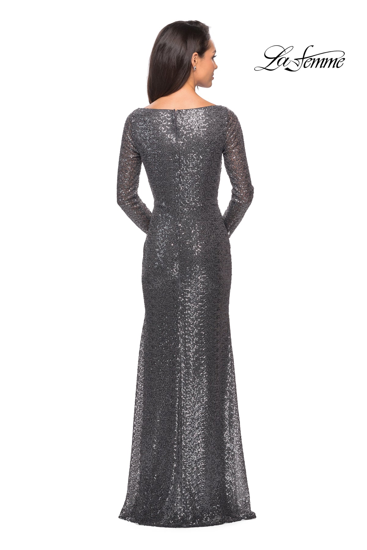 Picture of: Long Sleeve Sequined Gown with Soft V-Neckline in Charcoal, Style: 25331, Detail Picture 3