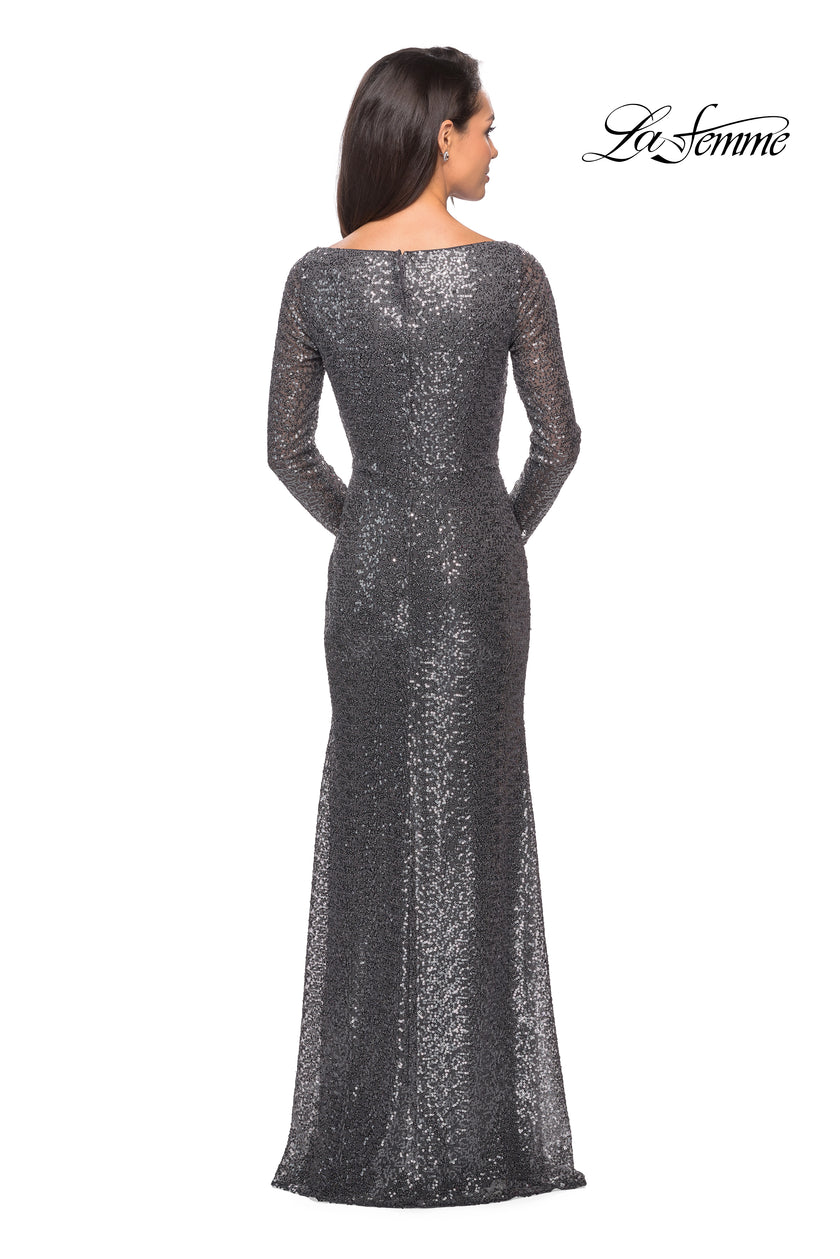Picture of: Long Sleeve Sequined Gown with Soft V-Neckline in Charcoal, Style: 25331, Detail Picture 3