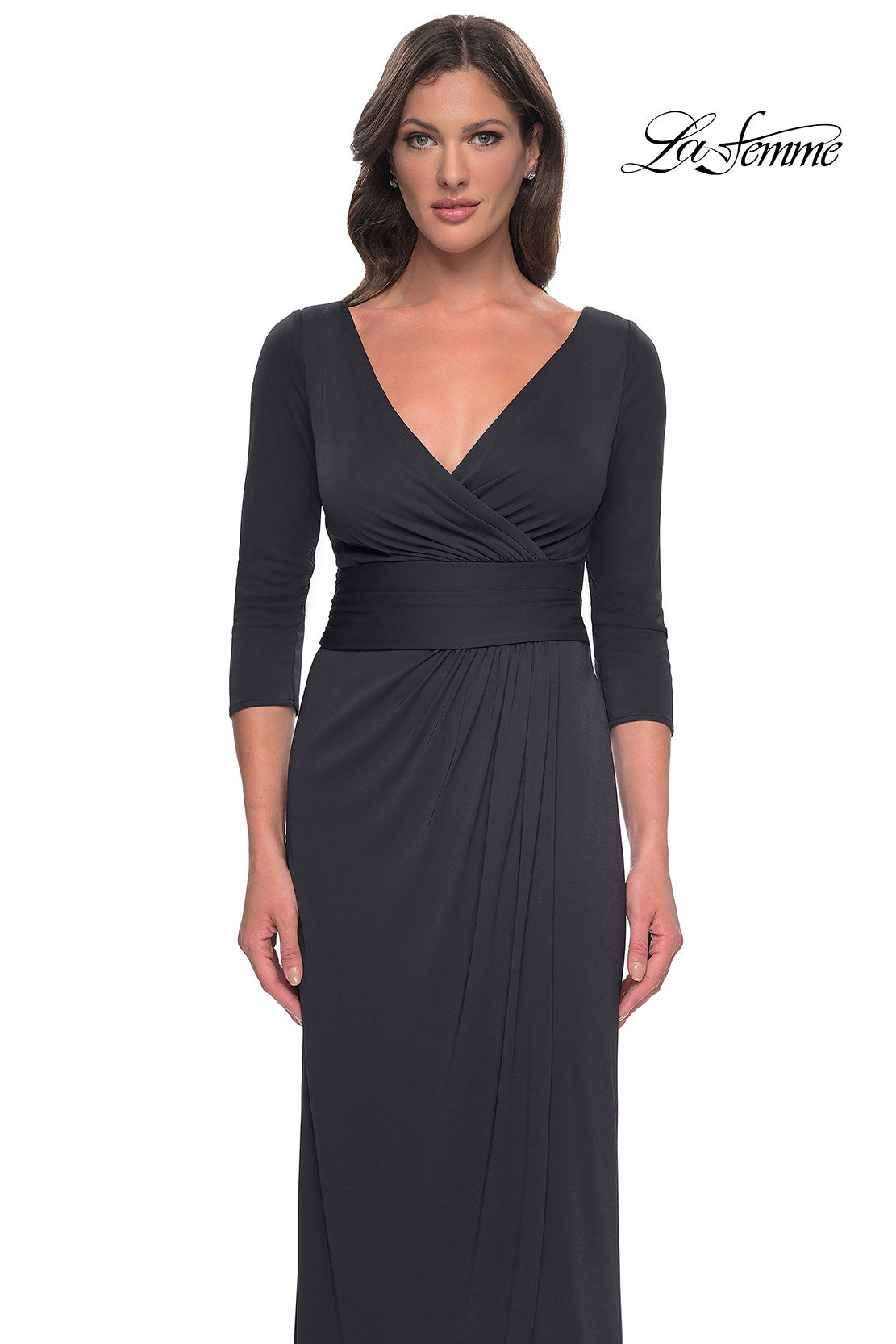 Picture of: Simple Chic Jersey Dress with Ruched Waist and V Neckline in Charcoal, Style: 31014, Detail Picture 7