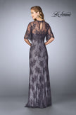 Picture of: Evening Strapless Lace Dress with Matching Lace Shawl in Charcoal, Style: 24856, Back Picture