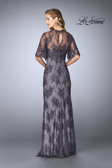 Picture of: Evening Strapless Lace Dress with Matching Lace Shawl in Charcoal, Style: 24856, Back Picture