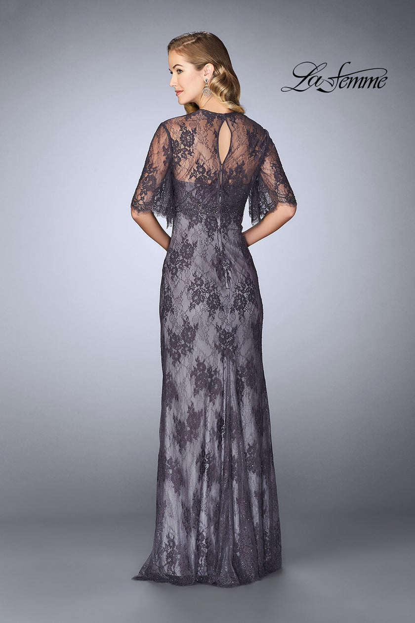 Picture of: Evening Strapless Lace Dress with Matching Lace Shawl in Charcoal, Style: 24856, Back Picture