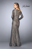 Picture of: Gathered Sequin Prom Gown With Long Sleeves in Charcoal, Style: 24919, Back Picture