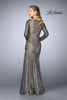Picture of: Gathered Sequin Prom Gown With Long Sleeves in Charcoal, Style: 24919, Back Picture