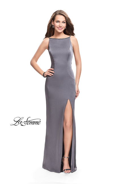 Picture of: Long Classic Form Fitting Prom Dress with Leg Slit in Charcoal, Style: 26274, Detail Picture 1