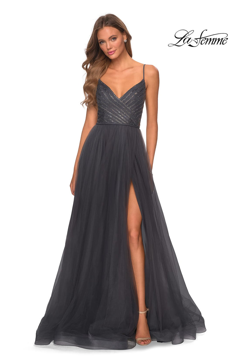 Picture of: Tulle A-line Dress with Patterned Rhinestone Bodice in Charcoal, Style: 28511, Detail Picture 6