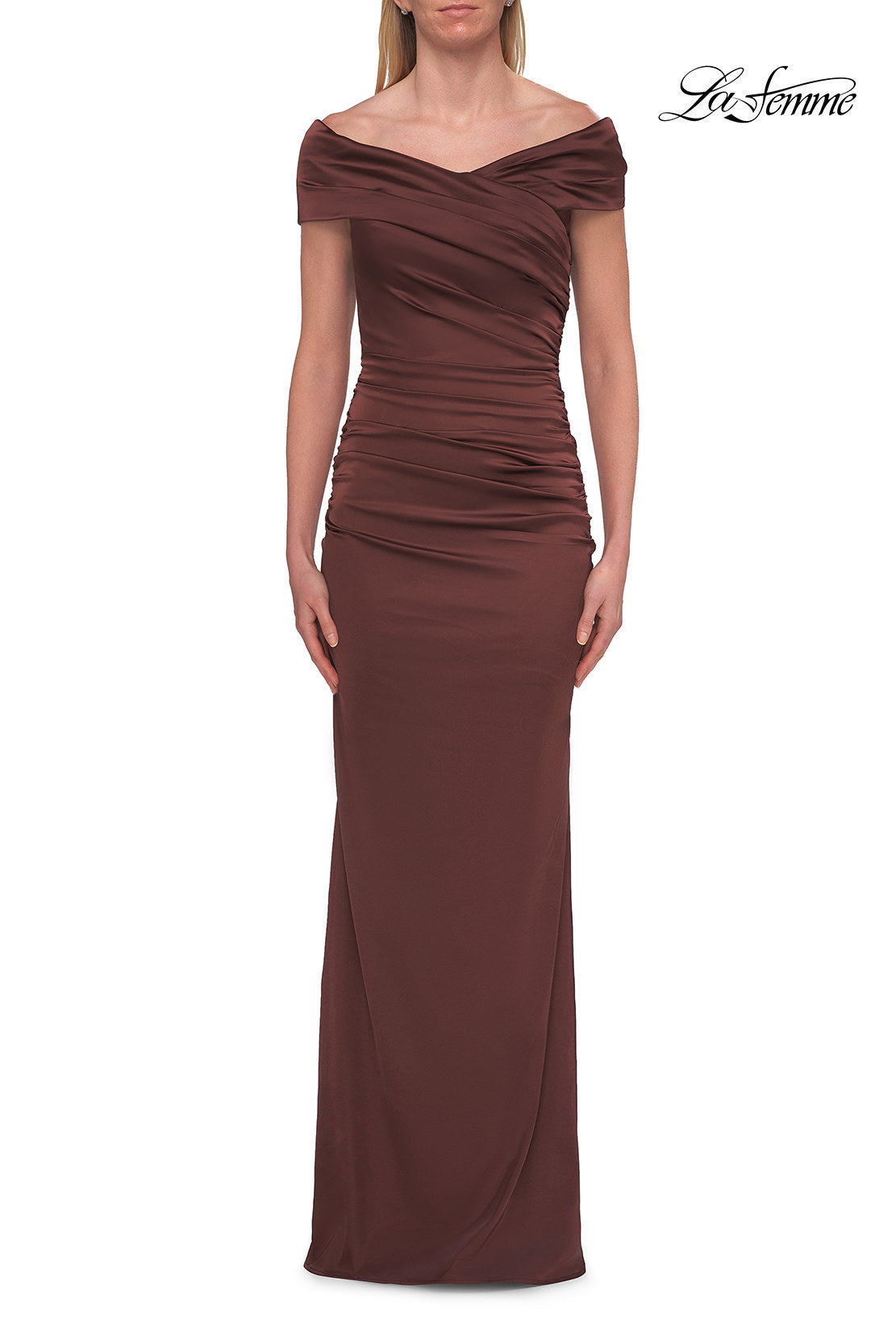 Picture of: Off-the-Shoulder Ruched Satin Evening Gown in Chocolate, Style: 33620, Detail Picture 1