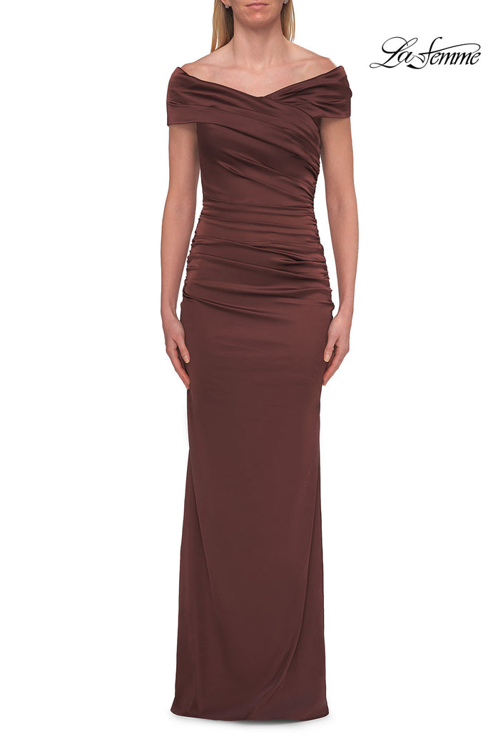 Picture of: Off-the-Shoulder Ruched Satin Evening Gown in Chocolate, Style: 33620, Detail Picture 1