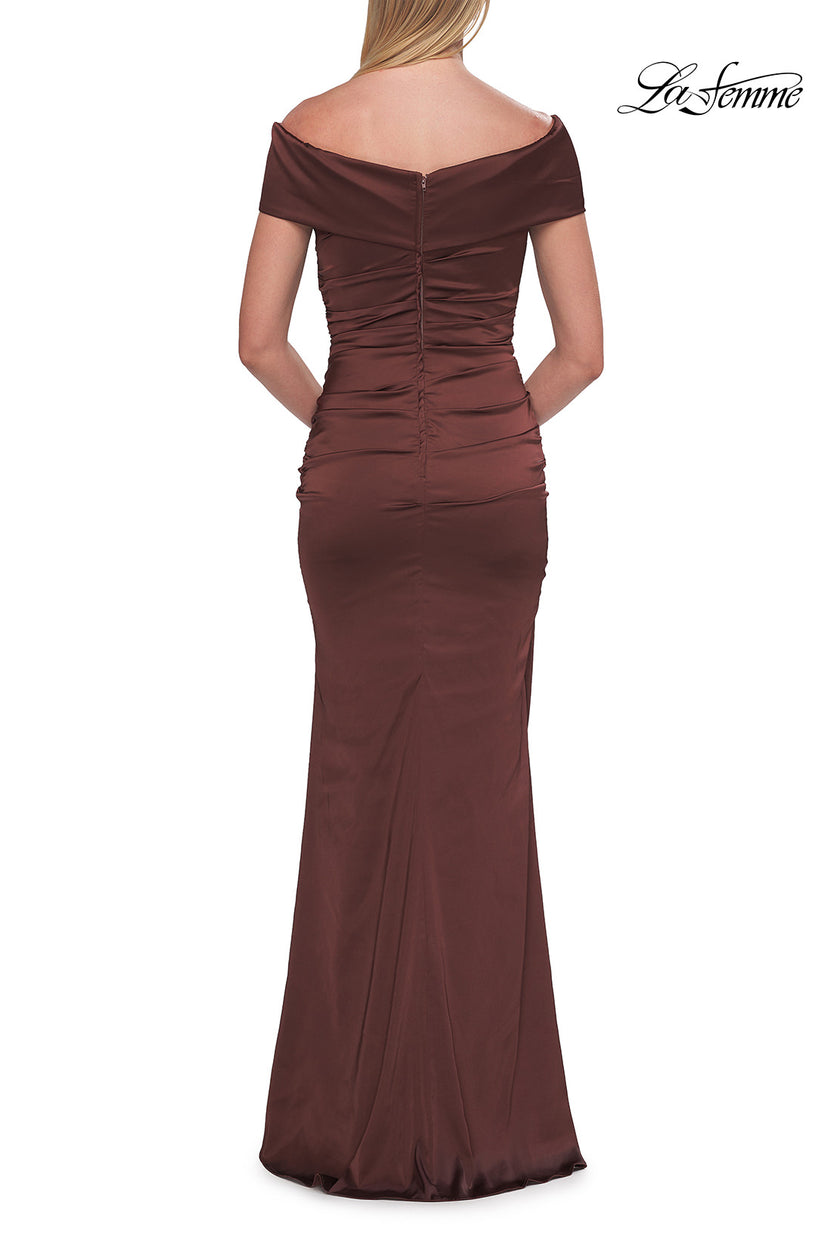 Picture of: Off-the-Shoulder Ruched Satin Evening Gown in Chocolate, Style: 33620, Detail Picture 2
