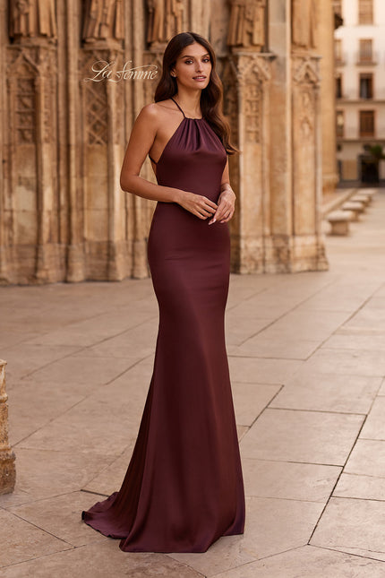 Picture of: Halter Satin Fitted Gown with Open Back in Chocolate, Style: 33732, Main Picture