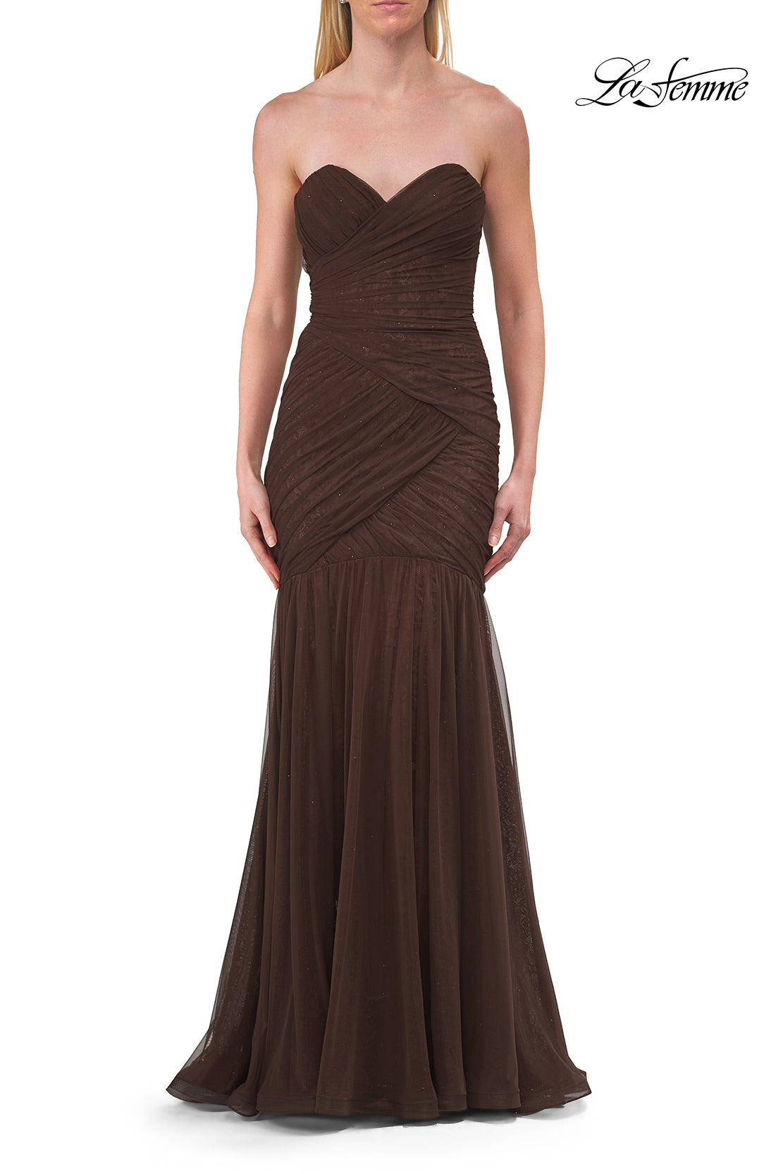 Picture of: Strapless Ruched Mesh Mermaid Evening Gown in Chocolate, Style: 33588, Detail Picture 8