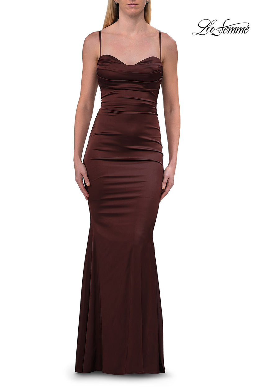 Picture of: Ruched Satin Gown with Sweetheart Neckline and Lace-Up Back in Chocolate, Style: 33764, Detail Picture 21