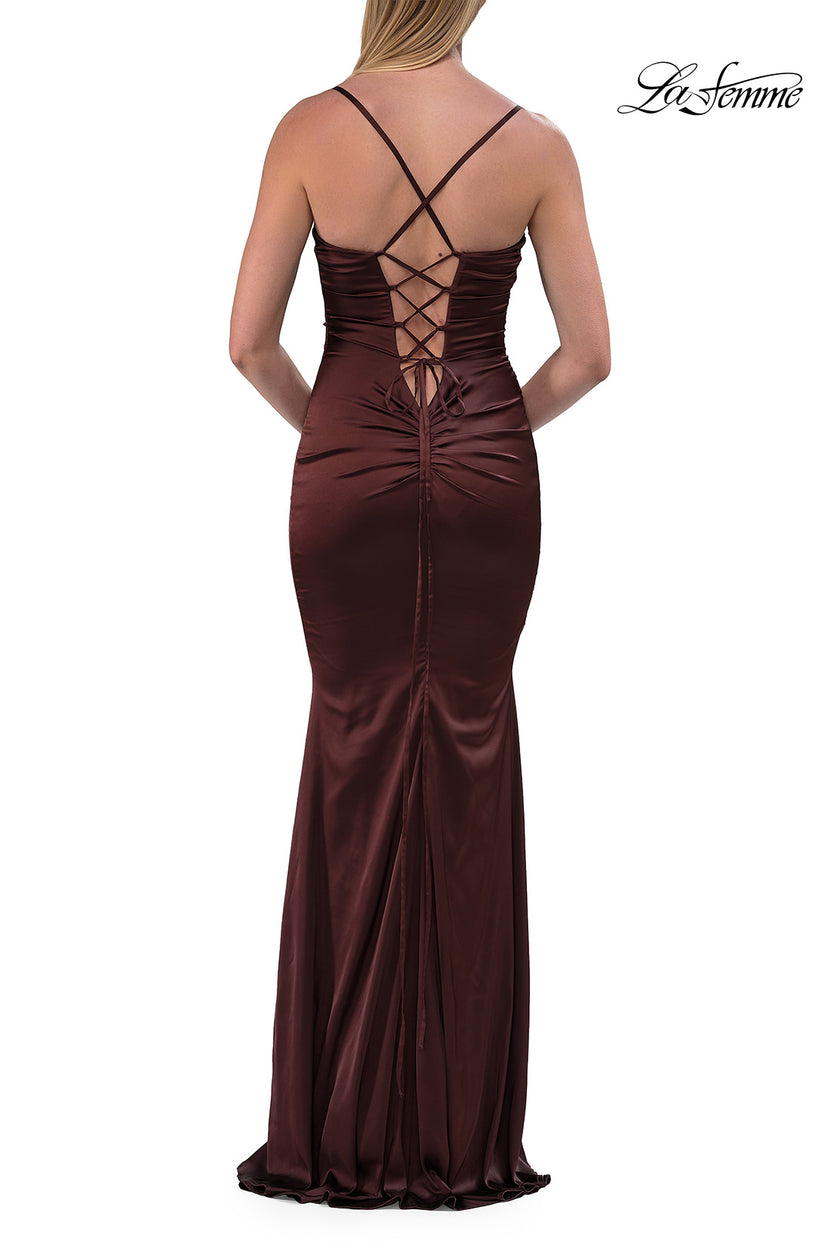 Picture of: Ruched Satin Gown with Sweetheart Neckline and Lace-Up Back in Chocolate, Style: 33764, Detail Picture 22