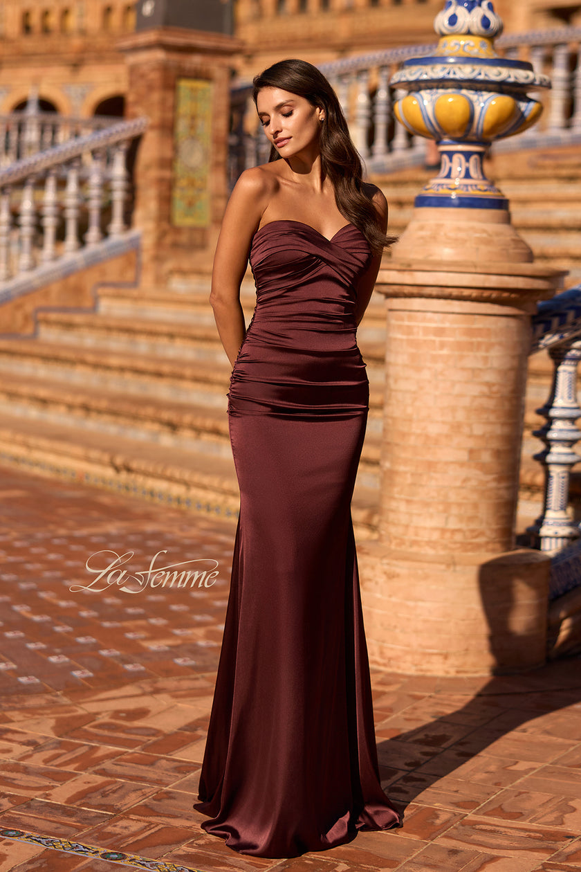 Picture of: Simple Strapless Satin Gown with Ruching Detail in Chocolate, Style: 33531, Detail Picture 1