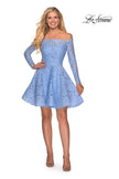 Picture of: Short Lace Dress with Off The Shoulder Long Sleeves in Cloud Blue, Style: 28175, Detail Picture 8