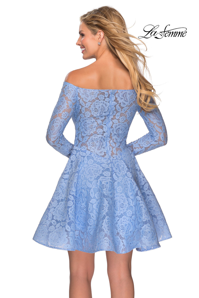 Picture of: Short Lace Dress with Off The Shoulder Long Sleeves in Cloud Blue, Style: 28175, Detail Picture 4