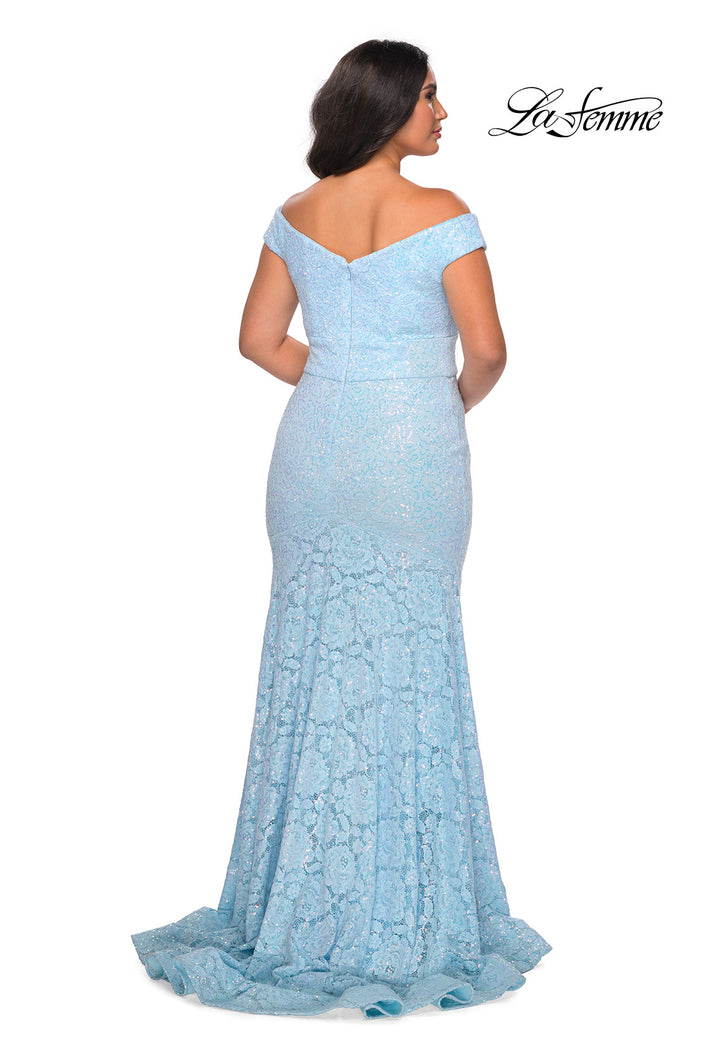 Picture of: Off the Shoulder Lace Plus Dress with Defined Waist in Cloud Blue, Style: 28883, Back Picture