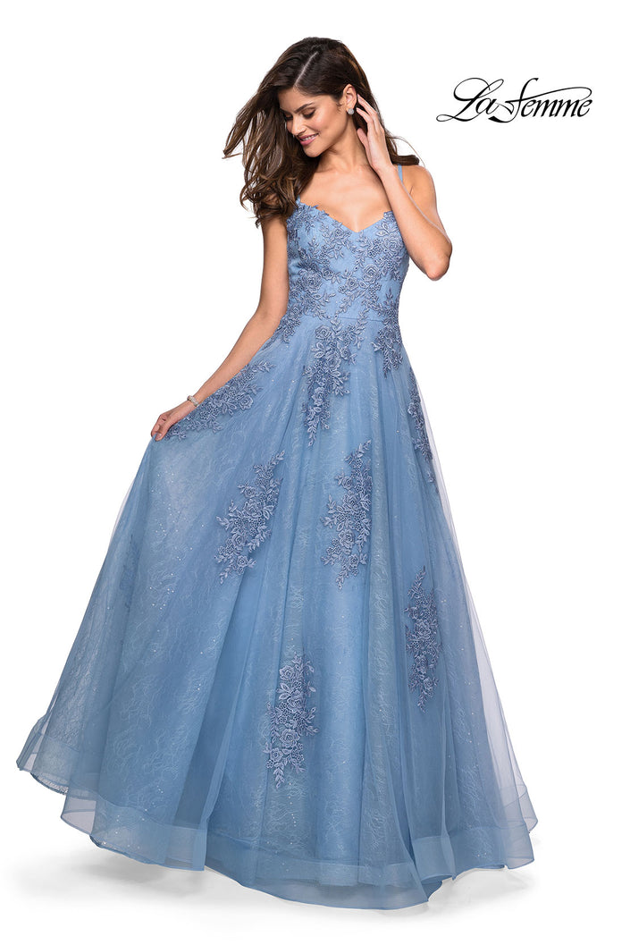 Picture of: Classic Lace A Line Dress with V Neckline and Pockets in Cloud Blue, Style: 27492, Main Picture
