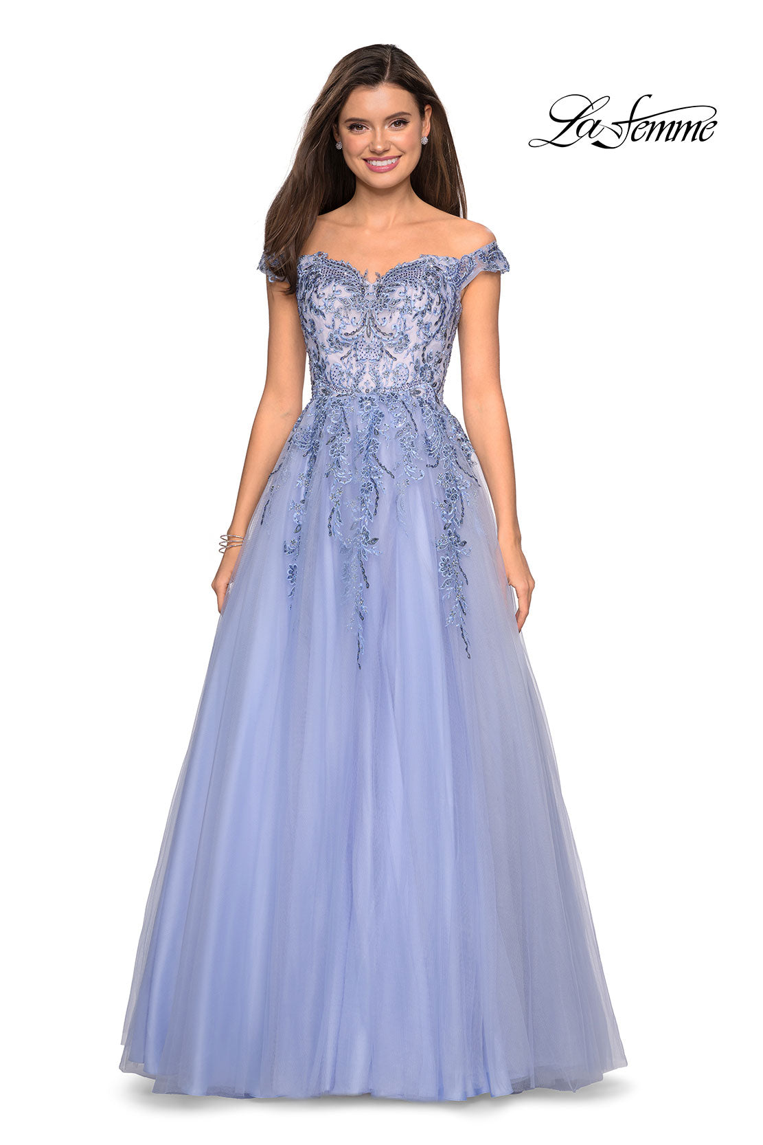 Picture of: Off the Shoulder Tulle Gown with BEaded Embellishments in Cloud Blue, Style: 27595, Main Picture
