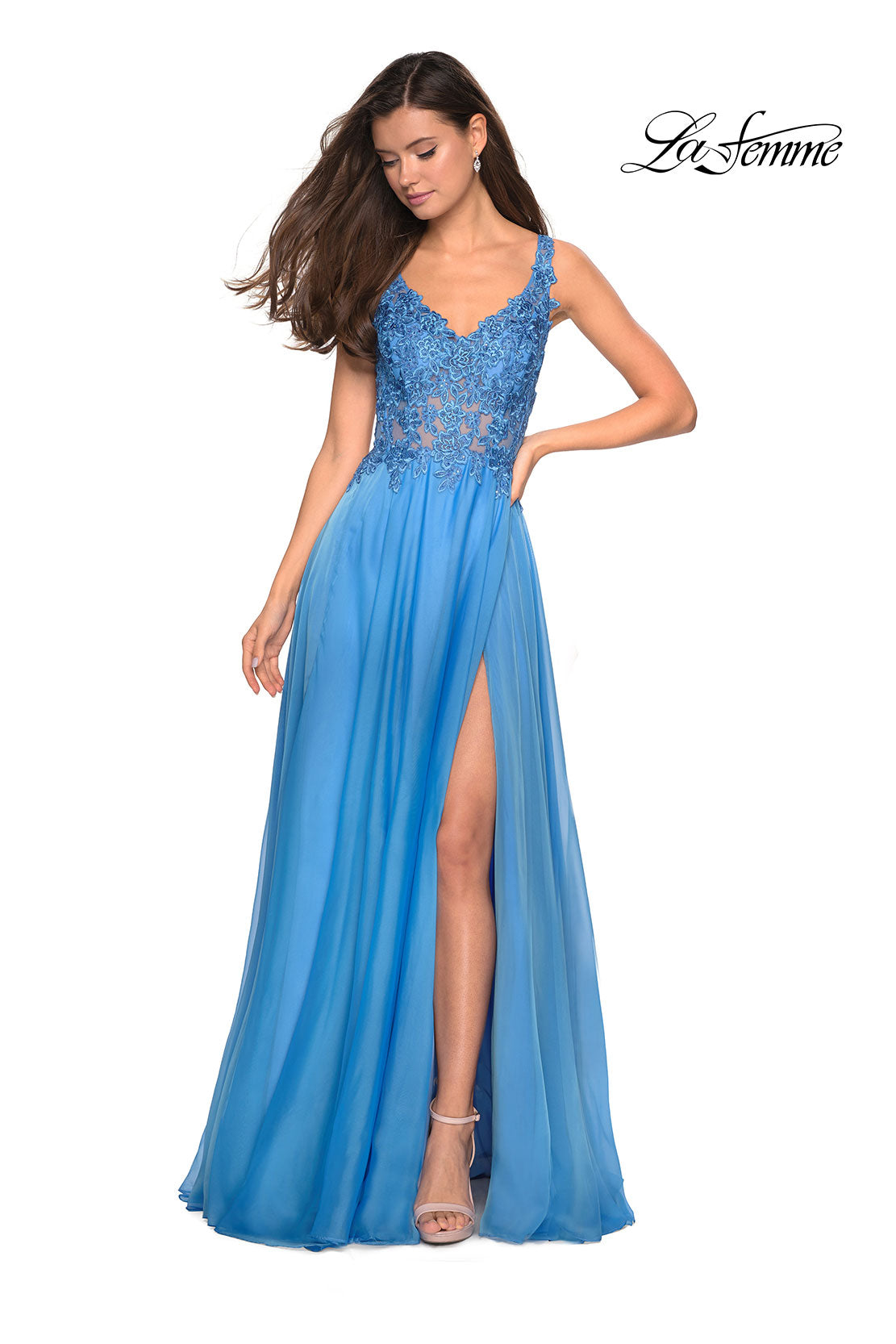 Picture of: Floor Length Chiffon Prom Dress with Sheer Floral Bodice in Cloud Blue, Style: 27751, Main Picture