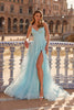 Picture of: Beaded A-Line Tulle Gown with Slit and Open Tie Back in Cloud Blue, Style: 33715, Main Picture