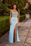 Picture of: Sheer Lace Corset Gown with High Slit and Lace-Up Back in Cloud Blue, Style: 33808, Main Picture