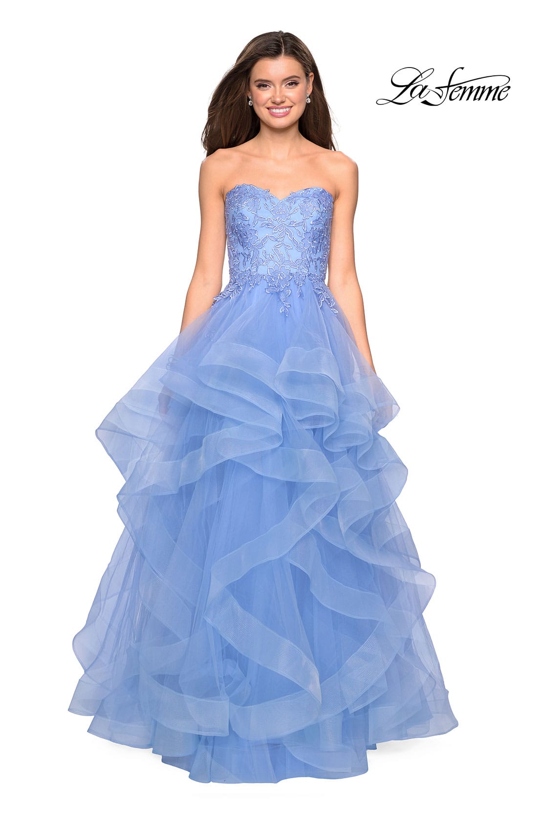 Picture of: Strapless Tulle Prom Gown with Lace Embellishments in Cloud Blue, Style: 27620, Detail Picture 8