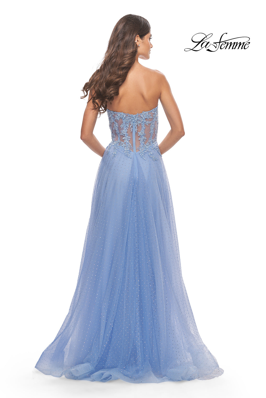 Picture of: Rhinestone Tulle Gown with Sheer Lace Bodice in Cloud Blue, Style: 31367, Detail Picture 9