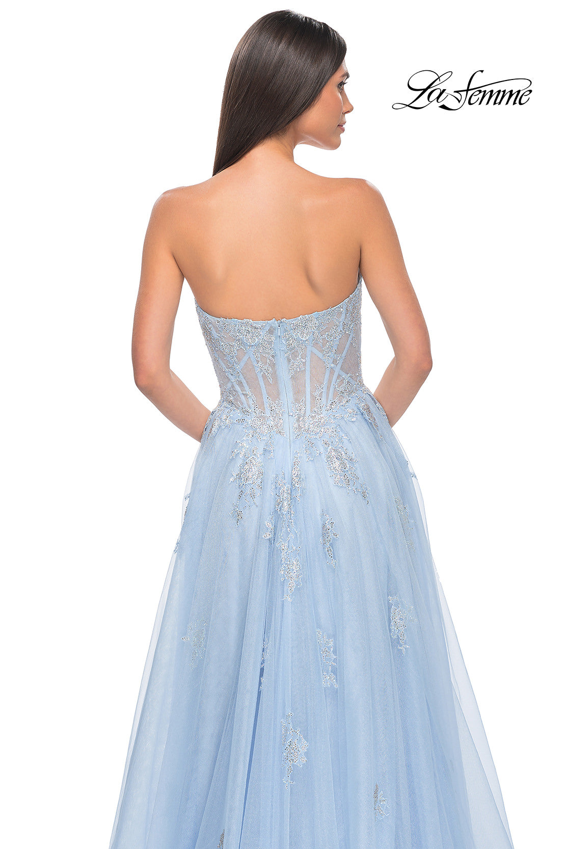 Picture of: Gorgeous Lace A-Line Dress with Rhinestone Lace Details in Cloud Blue, Style: 32111, Detail Picture 10