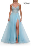 Picture of: Lace Corset Tulle Gown with High Slit and A-Line Skirt in Cloud Blue, Style: 33436, Detail Picture 10