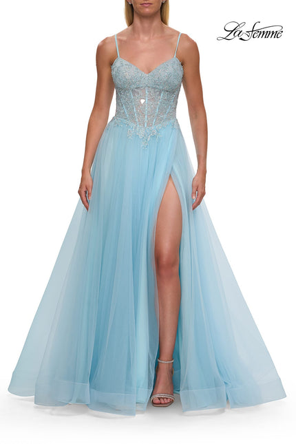 Picture of: Lace Corset Tulle Gown with High Slit and A-Line Skirt in Cloud Blue, Style: 33436, Detail Picture 10