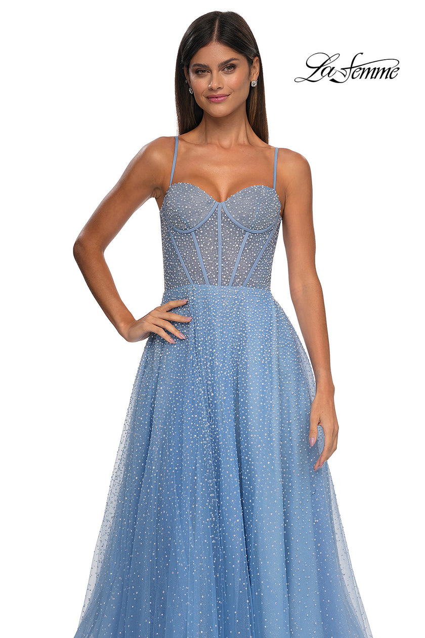 Picture of: Cute A-line Prom Dress with Pearl and Rhinestone Tulle in Cloud Blue, Style: 32644, Detail Picture 11